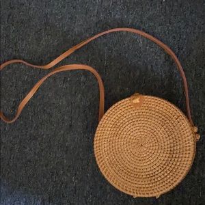Handwoven Round Rattan Bag with Leather Strap